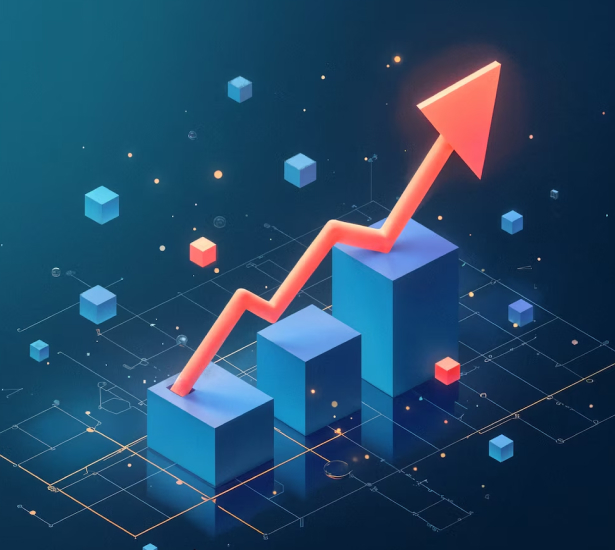 A glowing orange arrow indicating strong financial growth on a chart with skyscrapers